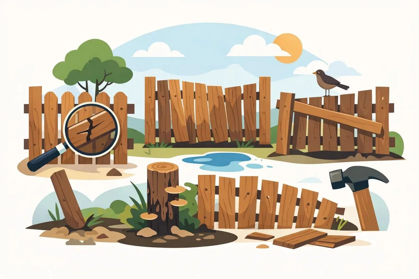 A solid wood fence in North Texas takes real weather and real work&mdash;and when it starts to fail, it usually shows up in clear signs. From loose rails and rotting boards to sagging sections, warped panels, and hardware pulling away, these 7 wood f