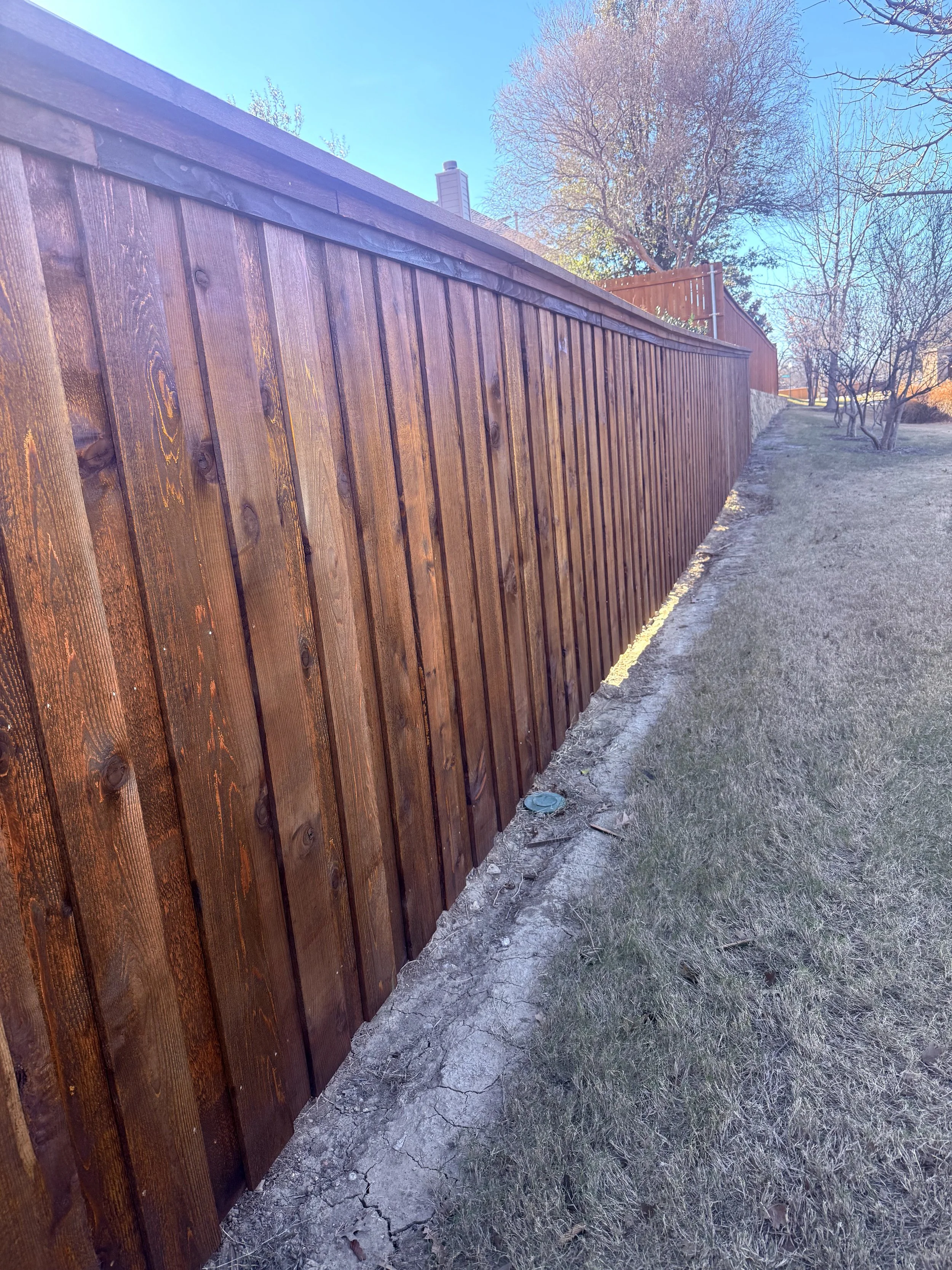 Custom 6-foot cedar wood privacy fence with cap and trim, professionally stained and installed in Rockwall, Texas by Lone Star Fence Works for long-lasting durability and curb appeal