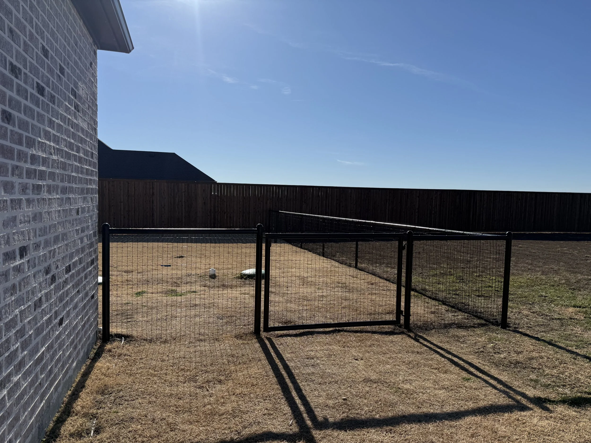 Backyard with a brown fence, a small gate, a brick house wall on the left, and dry grass on the ground, under a clear blue sky.