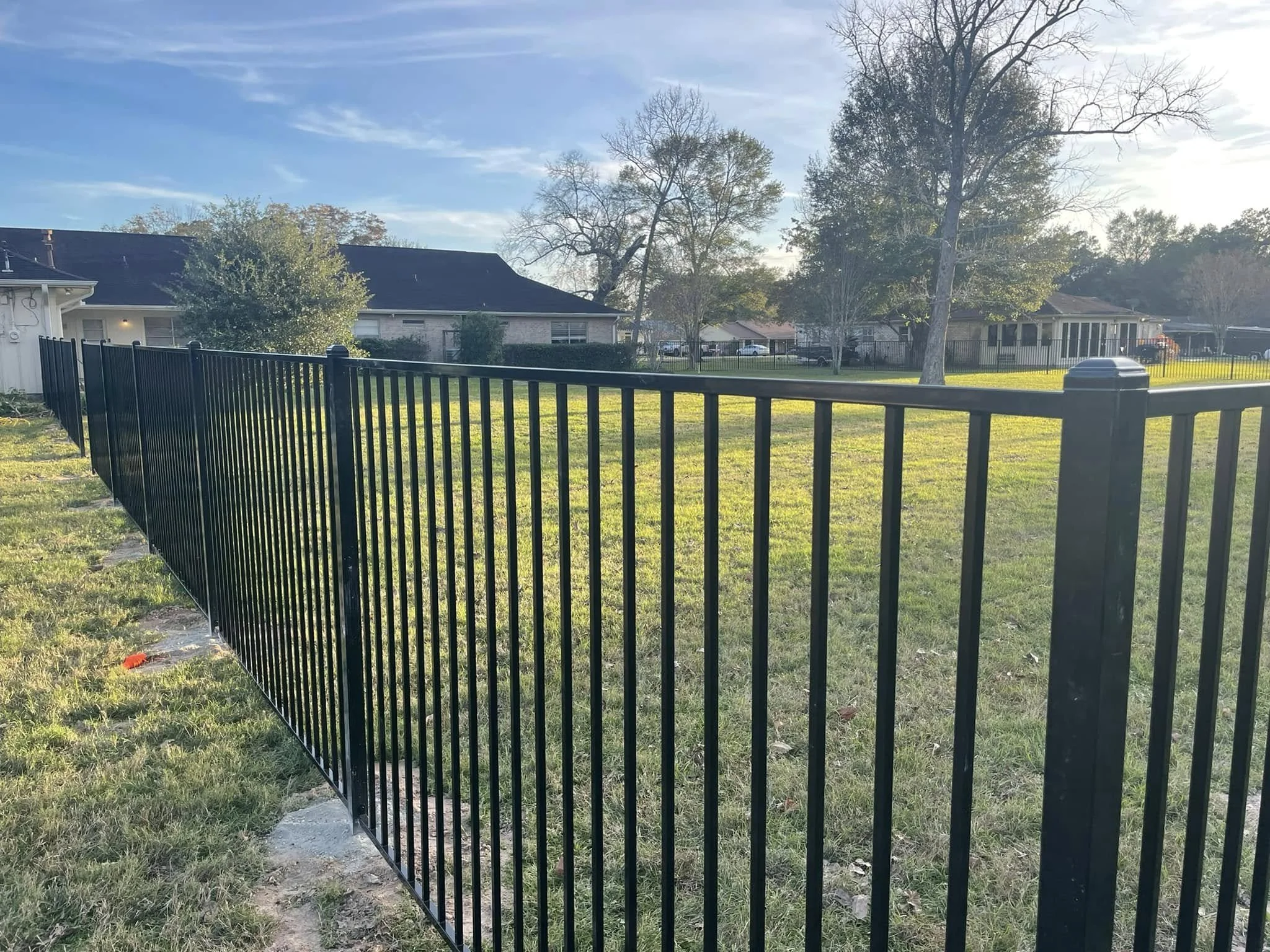 A backyard view with a black metal fence, green grass, trees, and houses in the background. The sky is partly cloudy and the sun is shining.