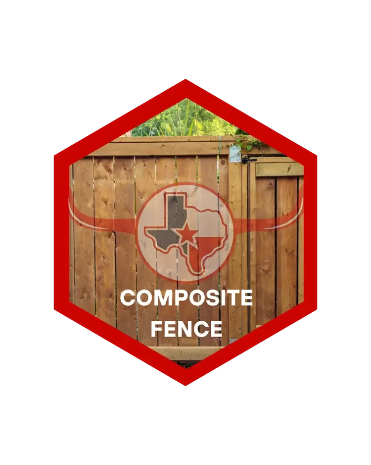 Photo of a wooden privacy fence with a Texas-themed logo and the words 'Composite Fence' on it.