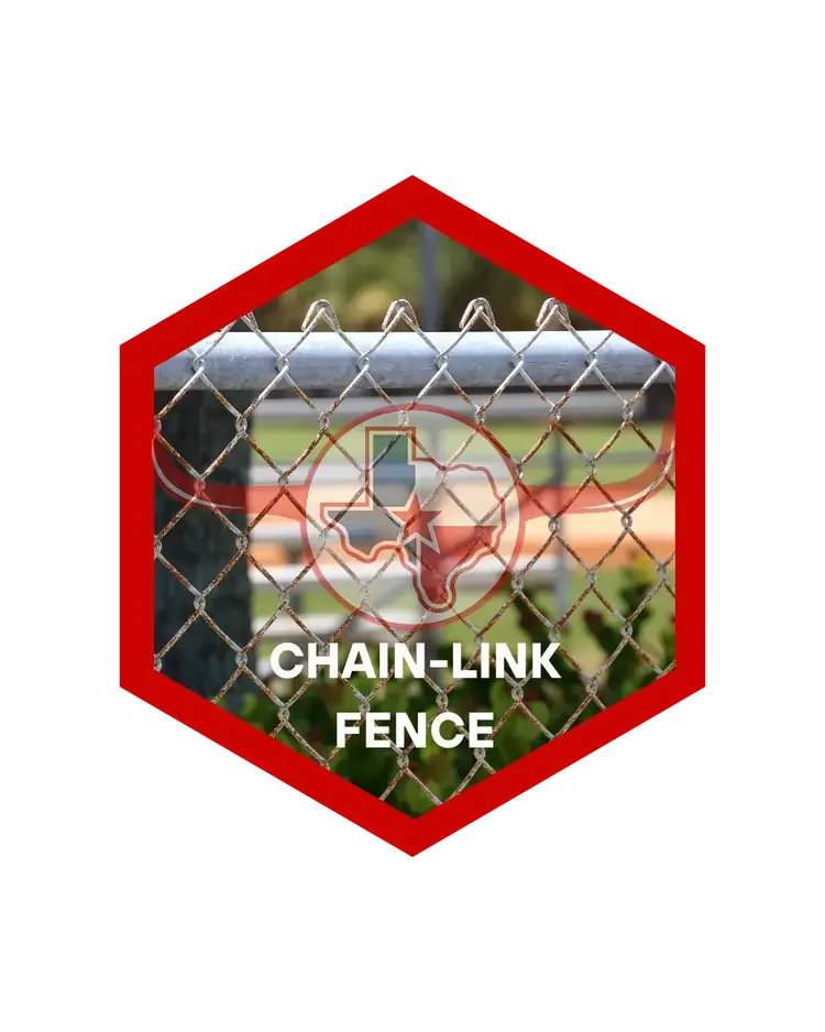 Close-up of a chain-link fence with a Texas map and star logo overlay, and the text 'Chain-Link Fence' in front of it.