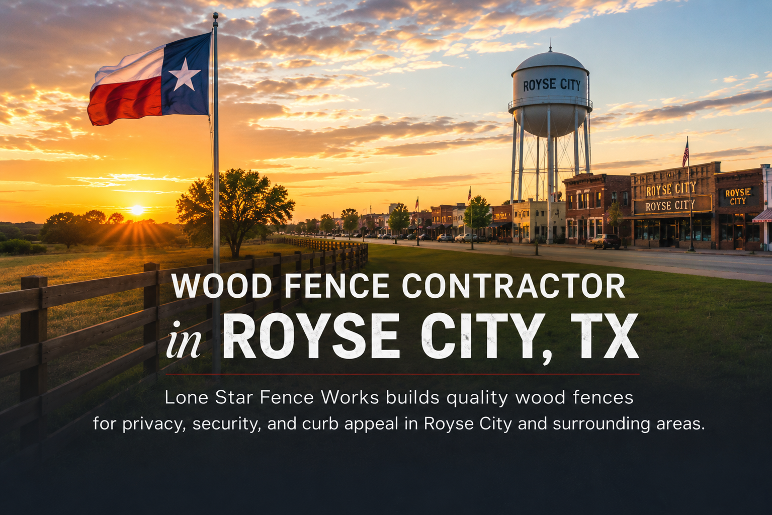 A sunset view of Royse City, TX with a Texas flag in the foreground and a water tower labeled 'Royse City' in the background. Old-style buildings with business signs line the street.