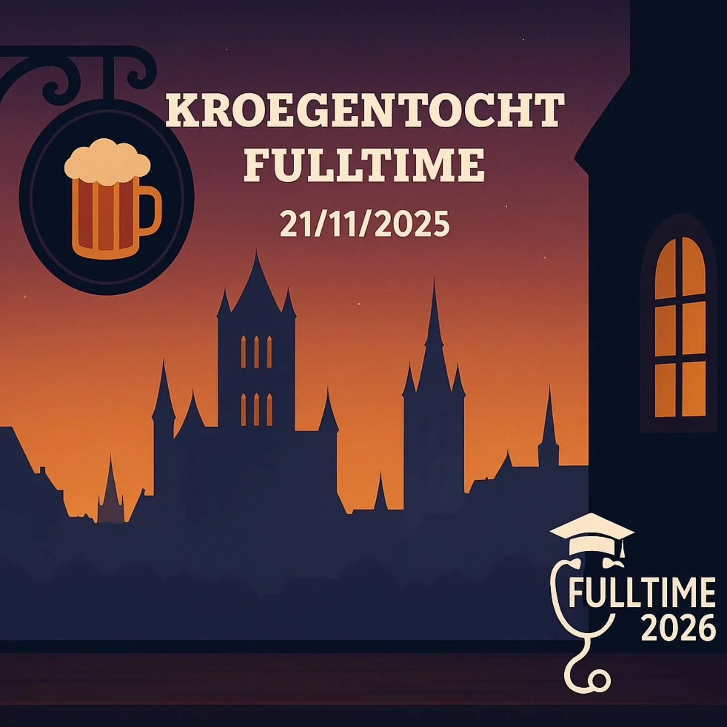 KROEGENTOCHT FULLTIME

🍺 Wat?
Een geanimeerde kroegentocht door centrum Gent met jouw vriendengroep.

📅 Wanneer?
Vrijdag 21 november (terugkomdag), starten rond 21u.

📍 Waar?
Centrum Gent. Exacte locaties volgen gepersonaliseerd per groep.

💡 Con