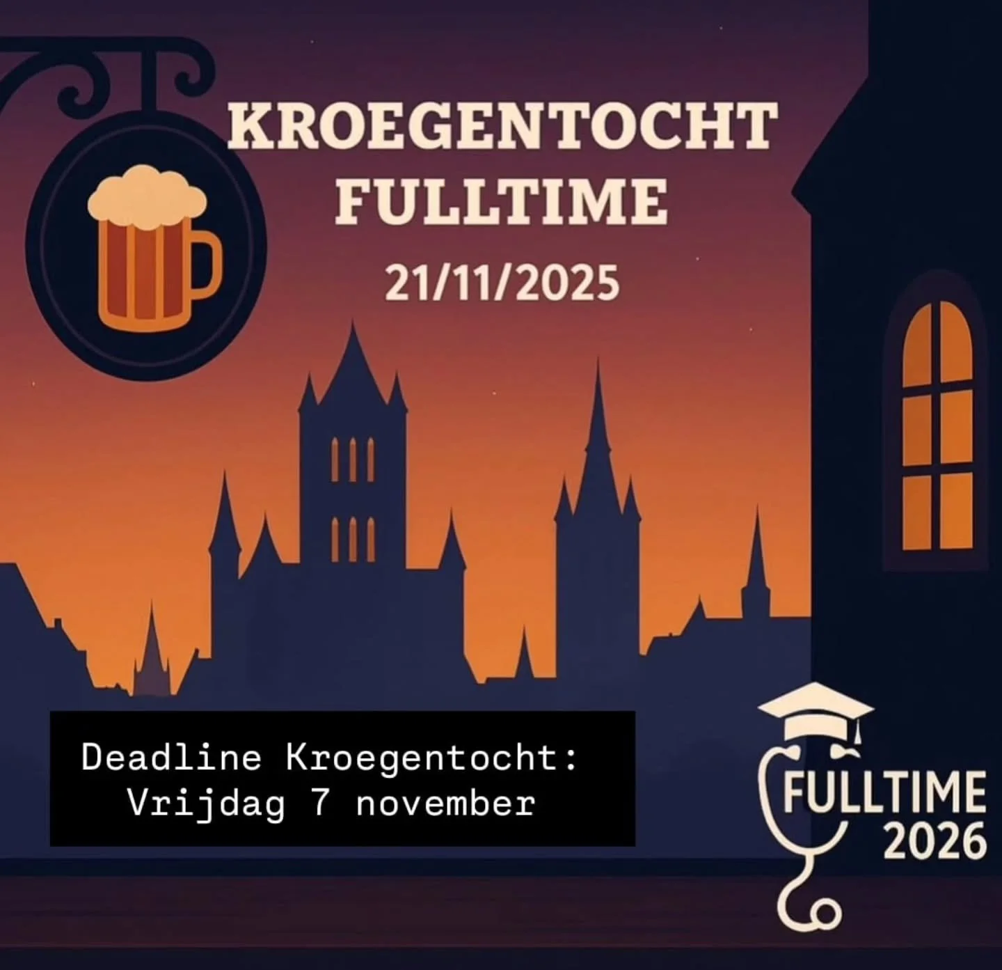 DEADLINE KROEGENTOCHT: VRIJDAG 7 NOVEMBER! 

Liefste jaargenoten

Ga je graag op stap met je vrienden aan je zij?
Wees er op vrijdagavond 21 november dan zeker bij! 

Samen trekken we van kroeg naar kroeg in de schoonste stad van't land! 
Opdrachtjes