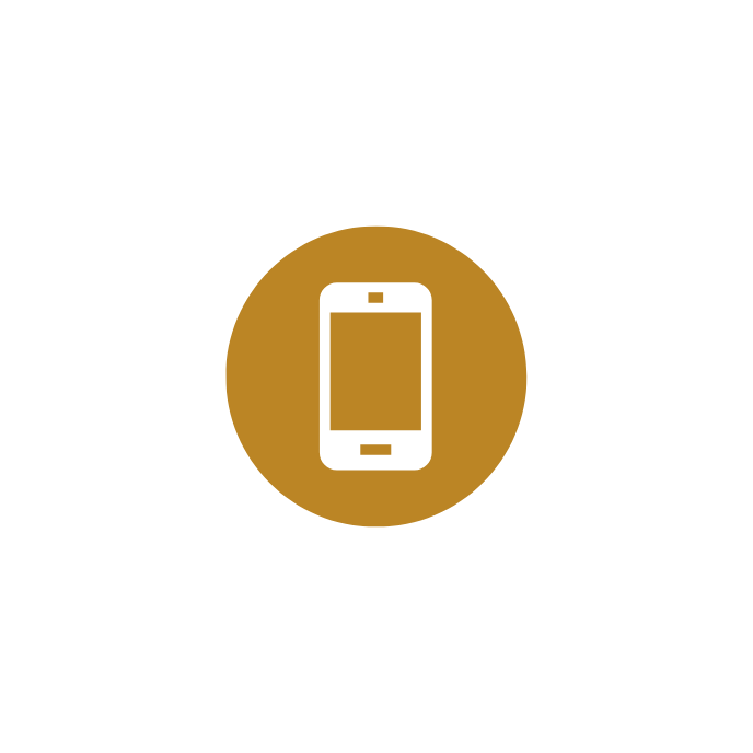 Icon of a smartphone with a gold circle background, enclosed by the text 'Mobile App'.