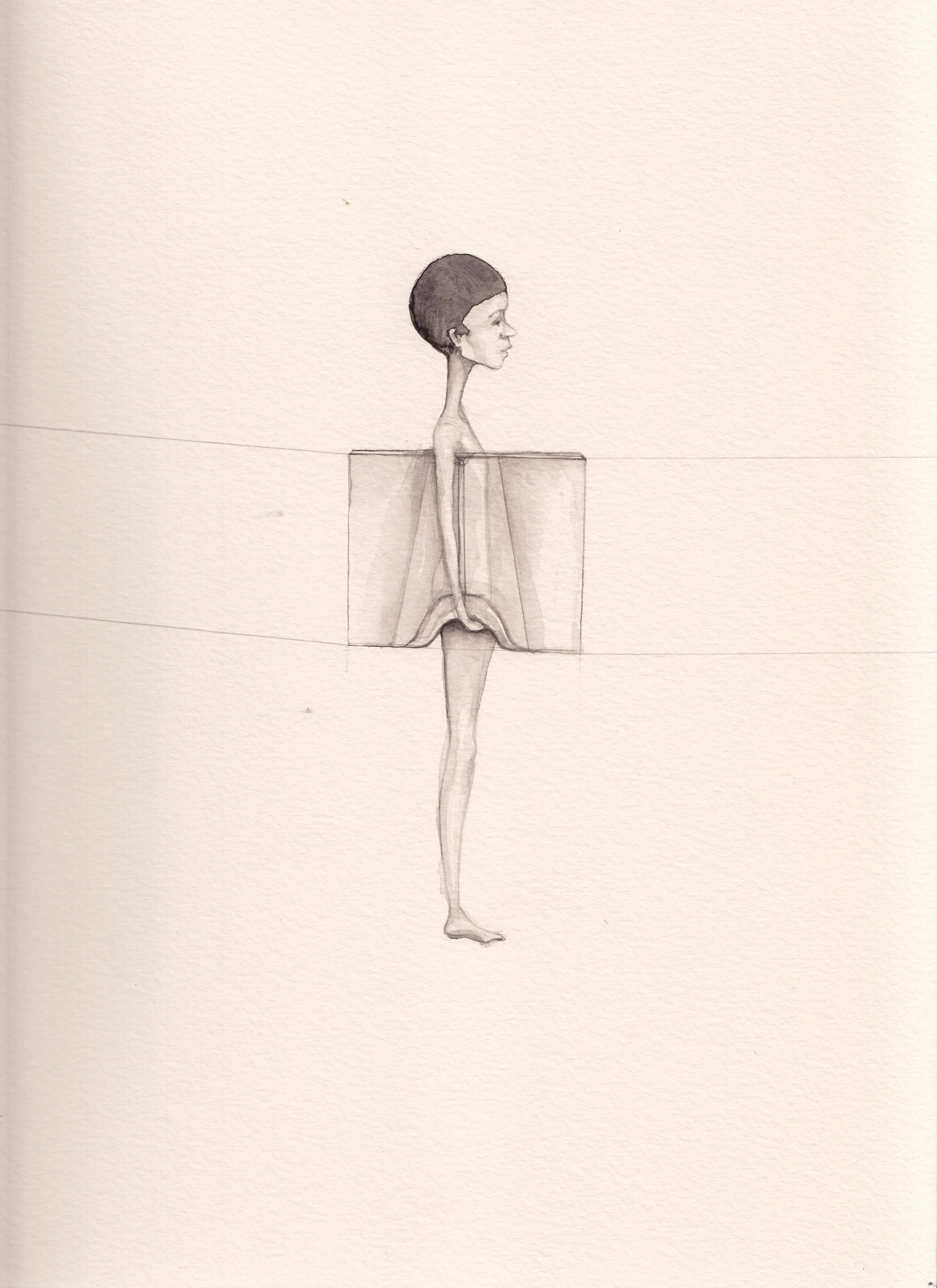 A monochrome sketch of a tall, thin person with an elongated neck and head, wearing shorts, standing in profile with a neutral expression, with a horizontal line across the middle of the image and a shaded rectangle around the torso area.