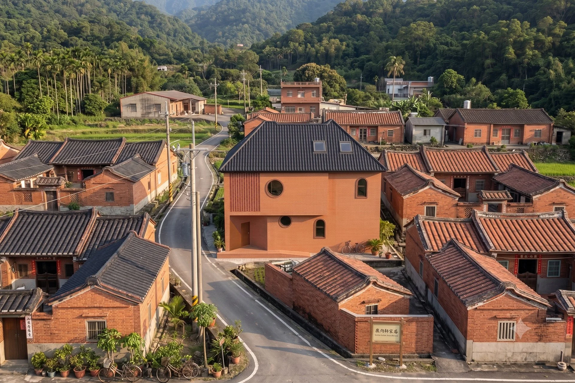 Aerial view of a small town in Pingtung, Taiwan with brick houses and red-tiled roofs surrounded by green hills and trees.