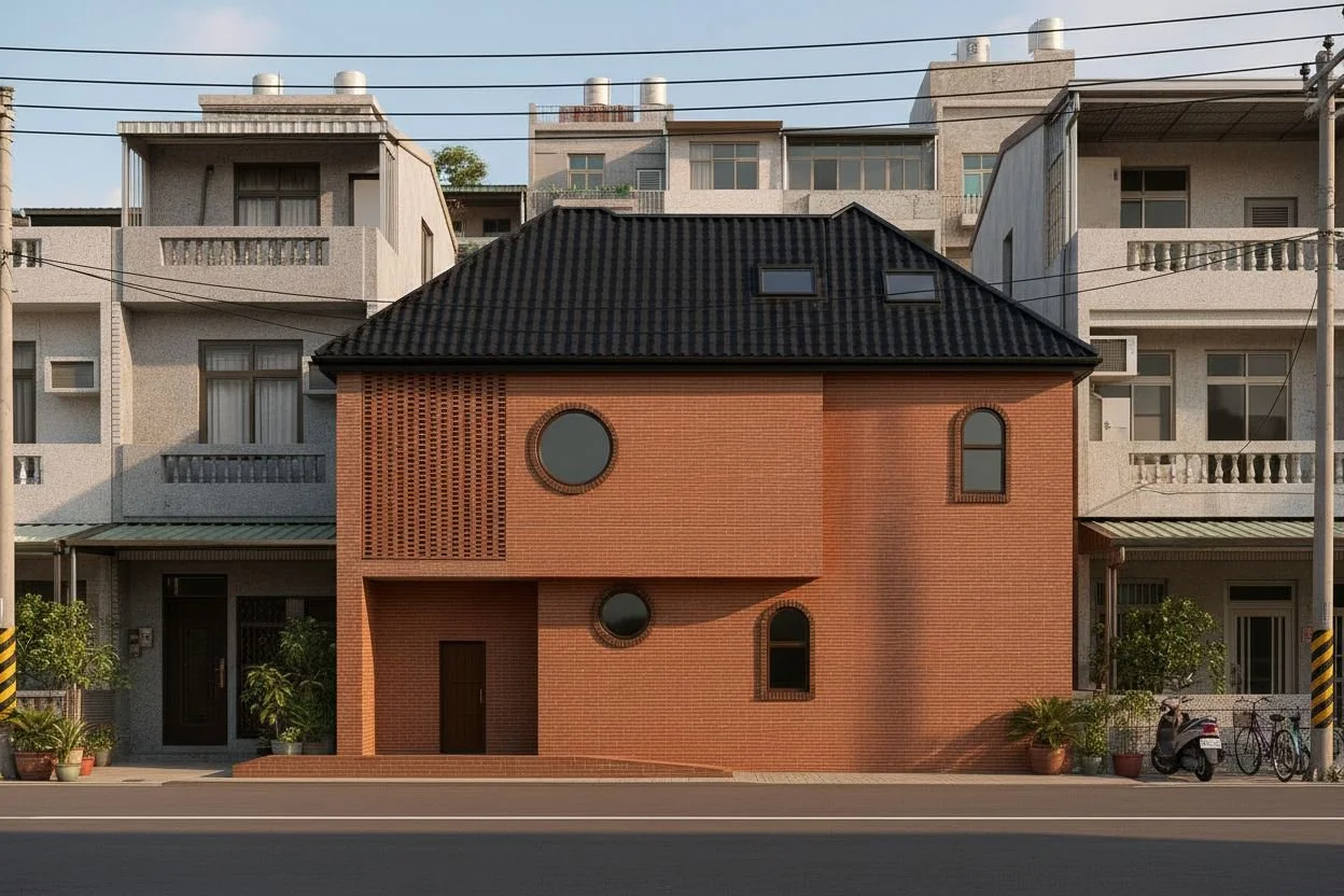 A modern brick house with a black tiled roof, circular and arched windows, situated in an urban neighborhood with other apartment buildings and street scene, including potted plants, a scooter, and bicycles.