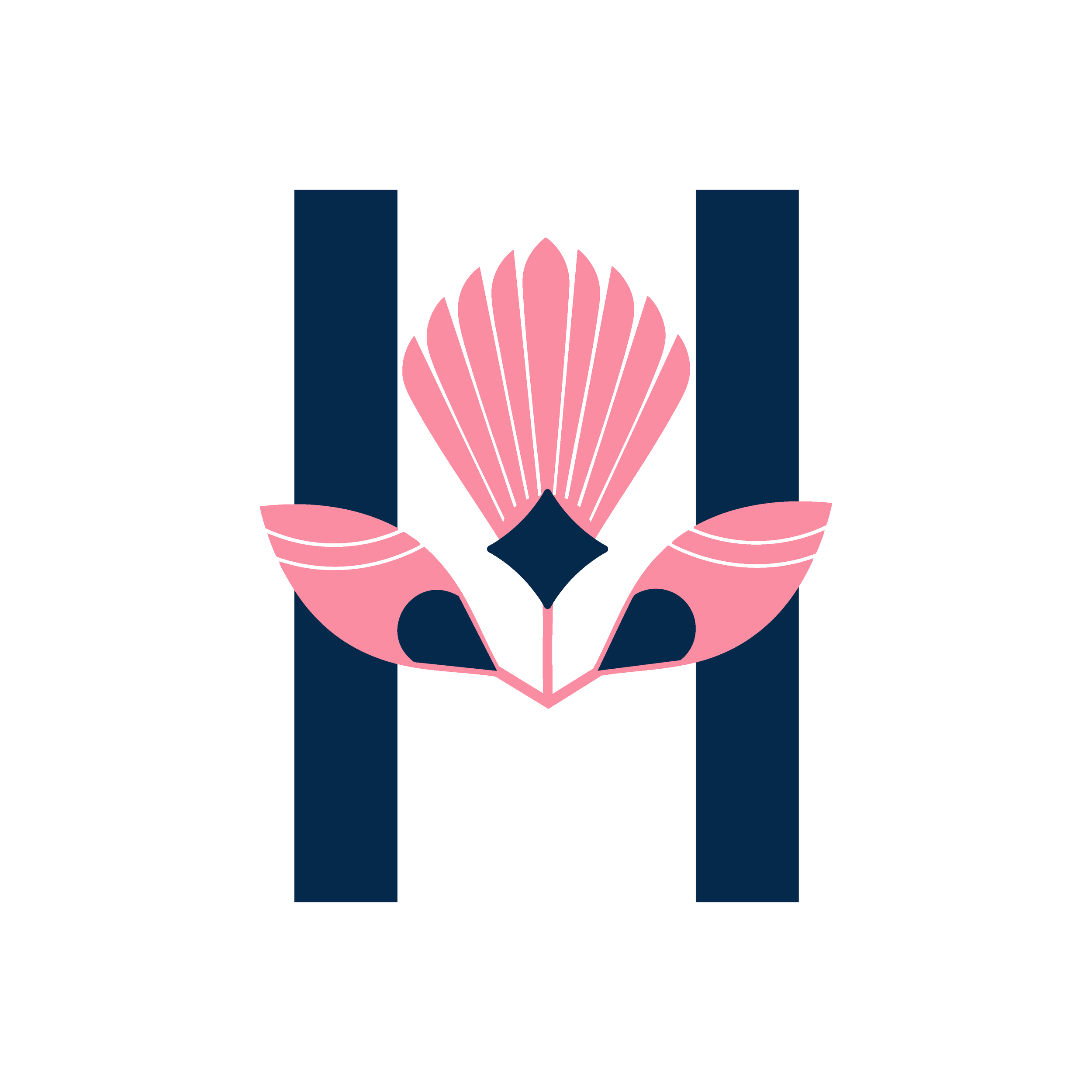 Stylized pink flower with dark blue leaves and two vertical dark blue bars behind it on a black background.