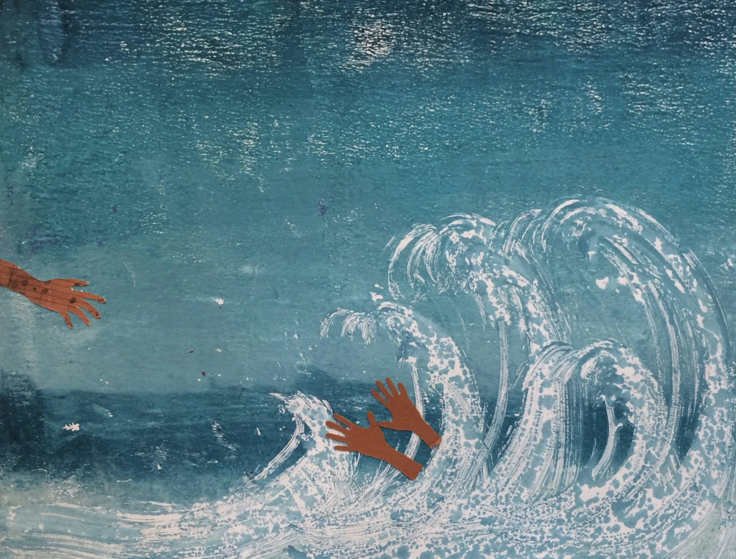 Painting depicting ocean waves with orange hands reaching into the water.