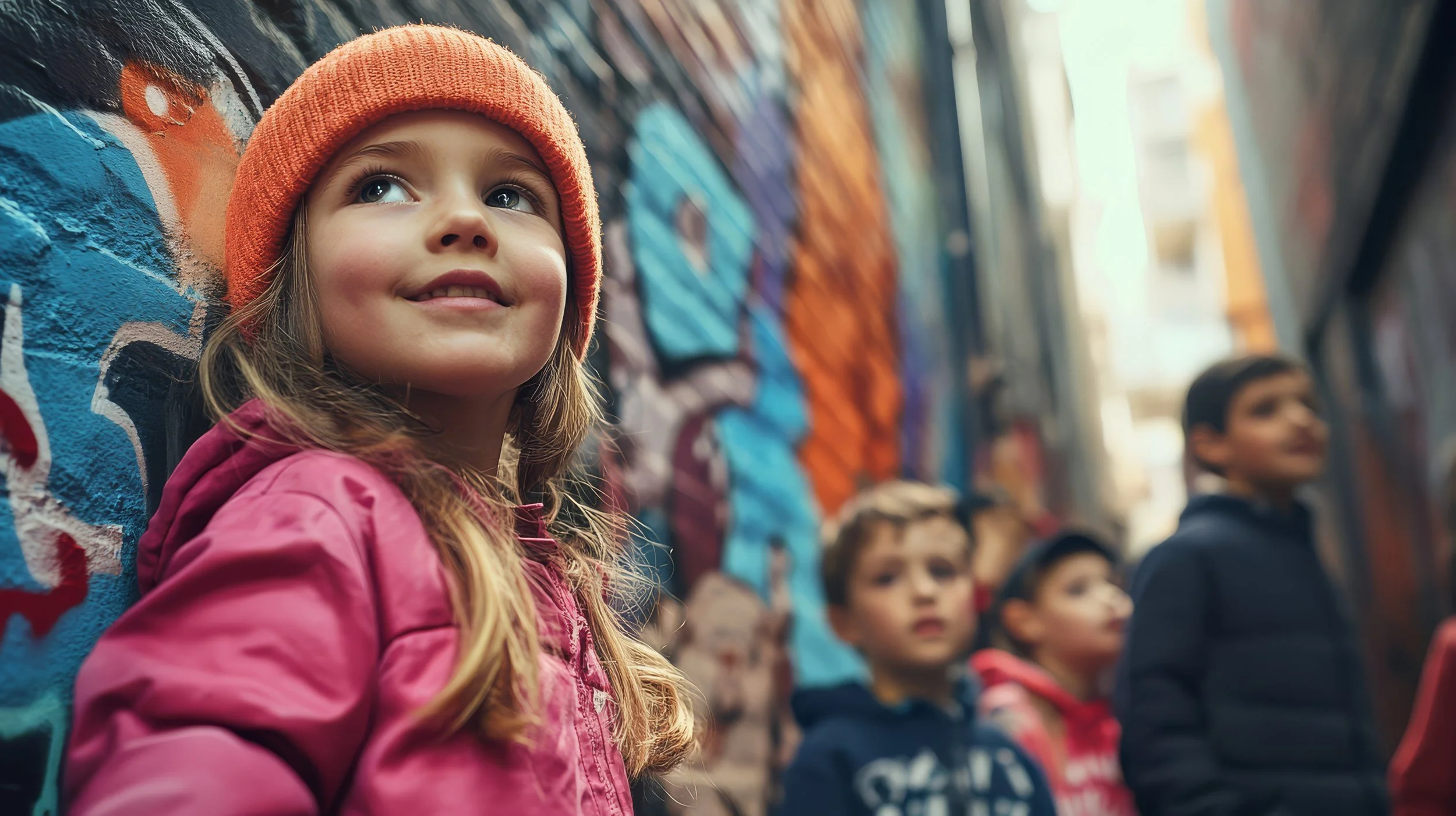 Children smiling standing in city