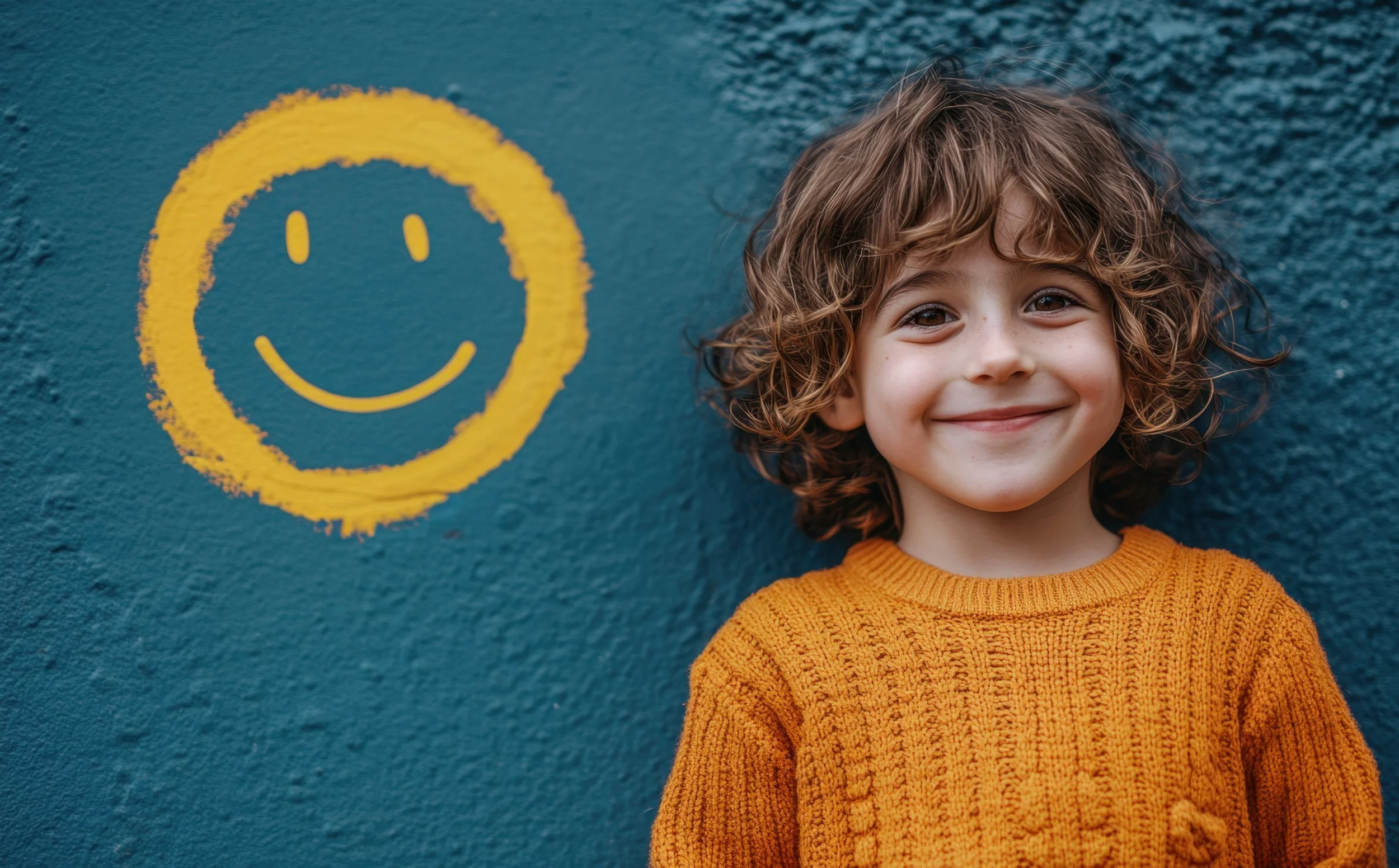A smiling boy with curly hair wearing an orange sweater standing in front of a blue wall with a yellow painted smiley face.