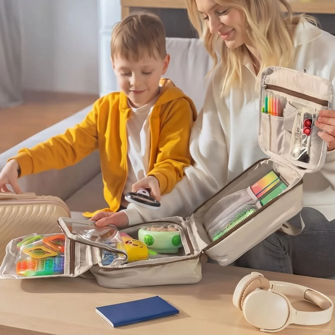 Child and Mom organizing kids travel bag