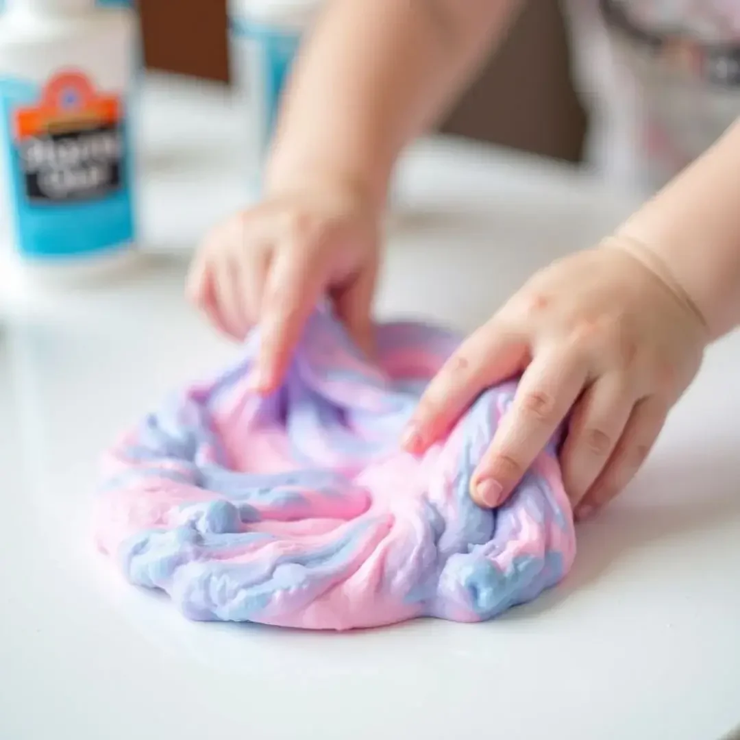 Person kneading pastel-colored slime on a white surface with supplies in the background.
