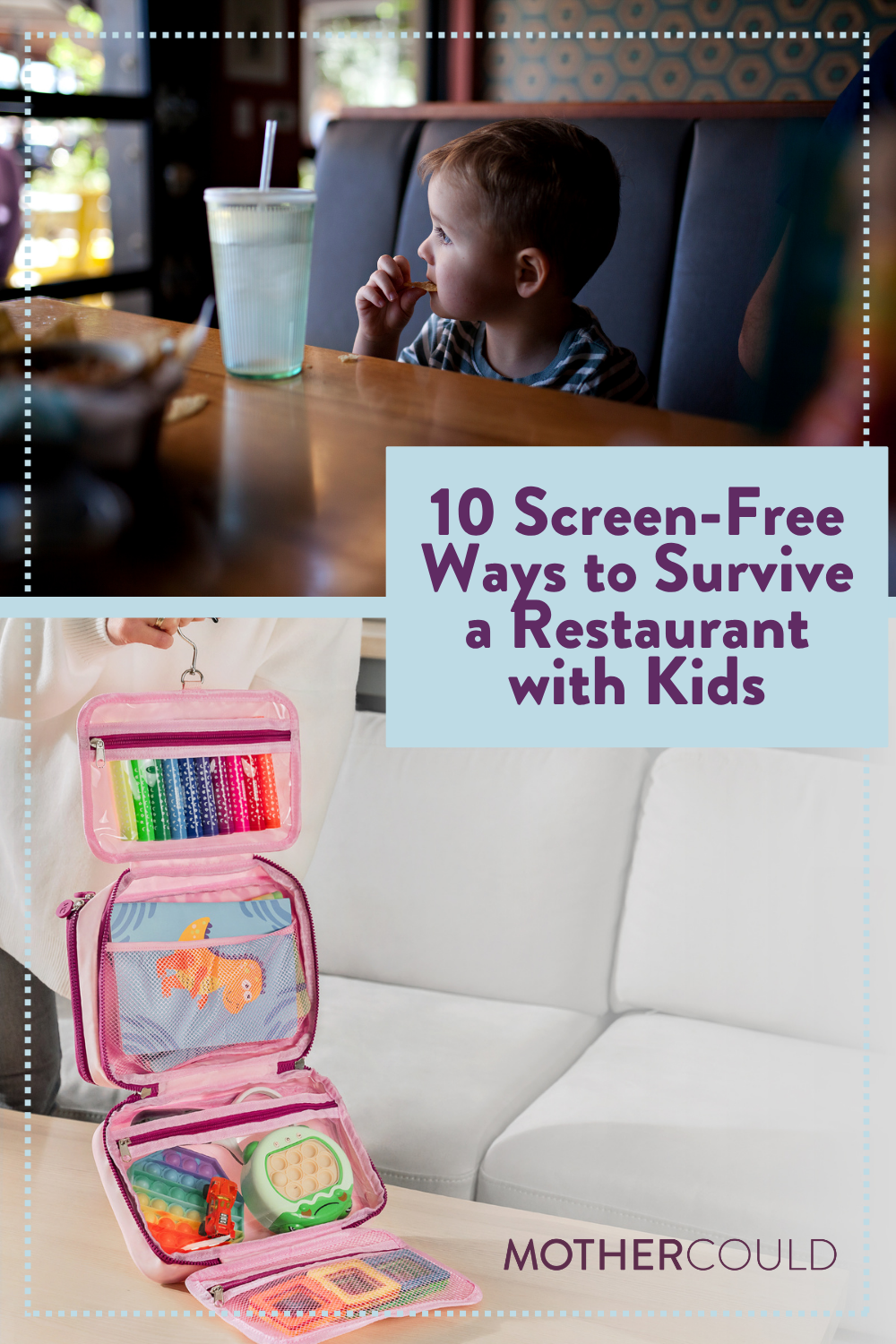 Screen free restaurant activities for toddlers using Mothercould travel organizer