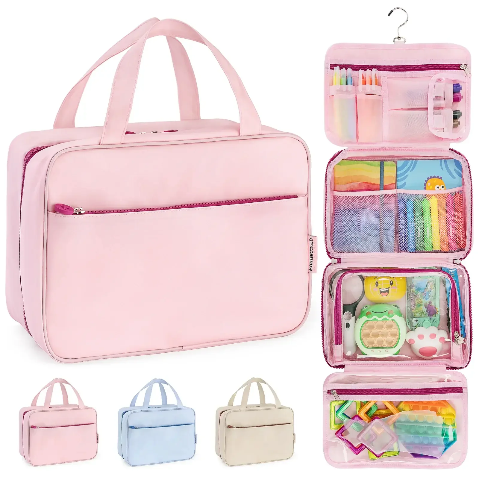 A light pink multi-compartment travel bag filled with colorful markers, toys, and craft supplies, with six different color options shown below.