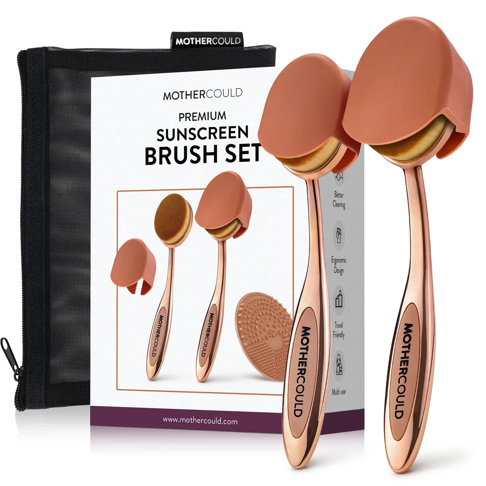 Mothercould premium sunscreen brush set with two rose gold brushes and a cleaning sponge, in a black zippered carrying case.