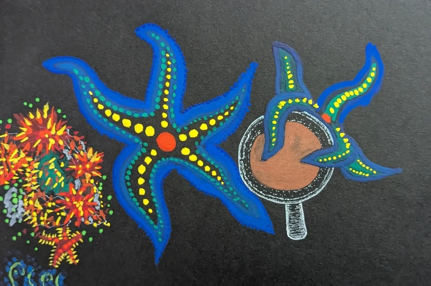 Starfish found it's first coffee!
This is the first time that I've tried to paint with gauche on black paper, I think that came out pretty cool. The coffee cup was created using white ink and I think the black paper makes everything pop. 
I hope you