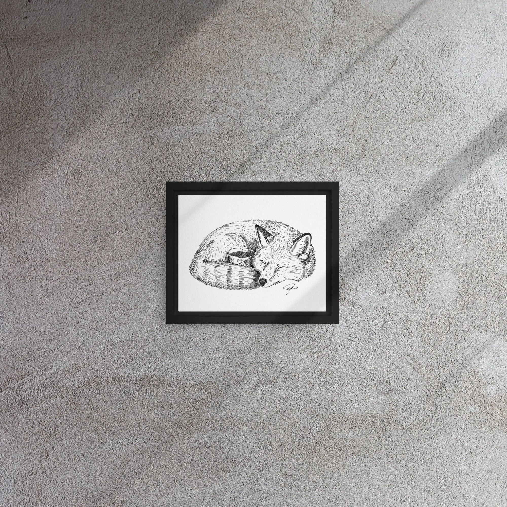 Framed Canvas, Fox Sleeping With Coffee Cup