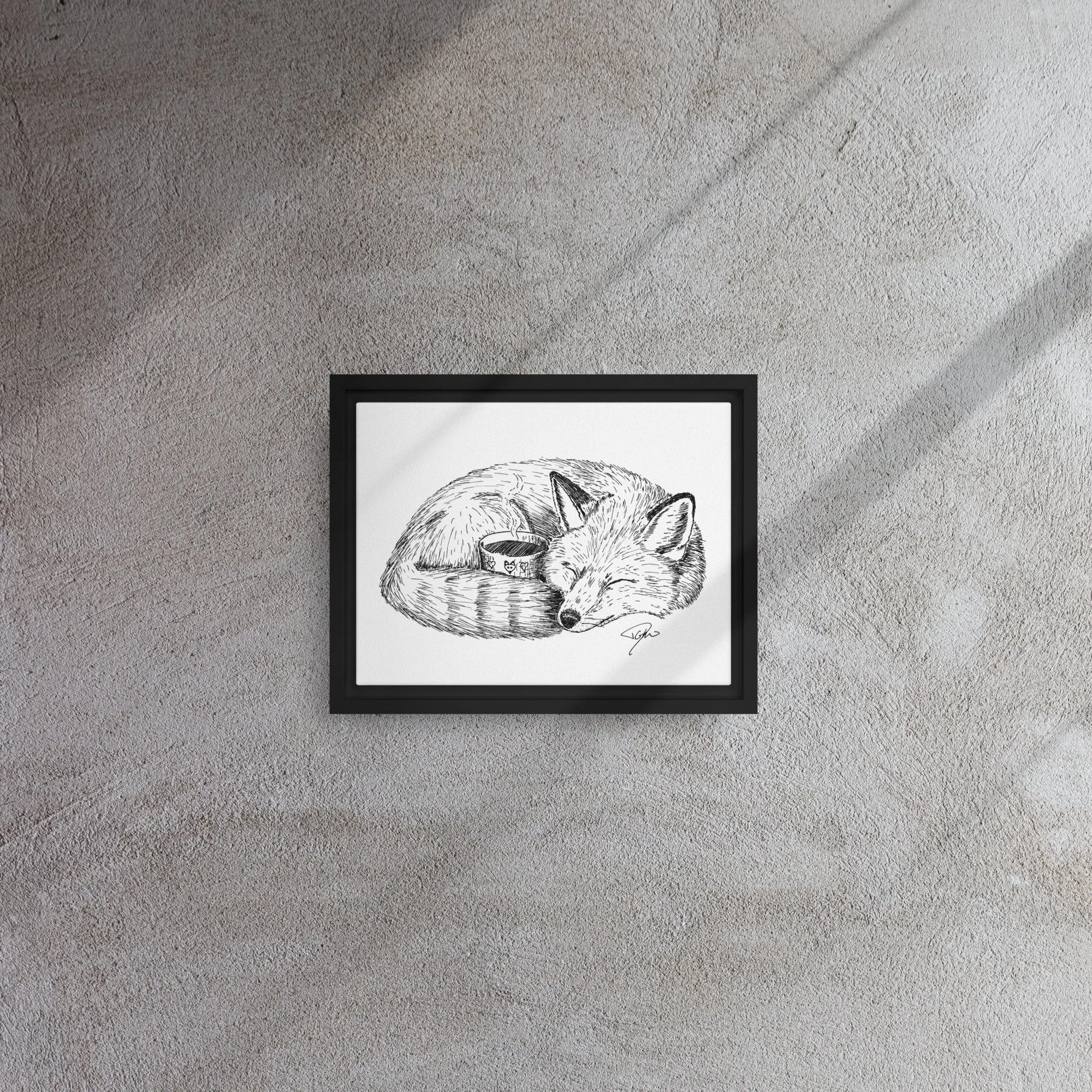 Framed Canvas, Fox Sleeping With Coffee Cup