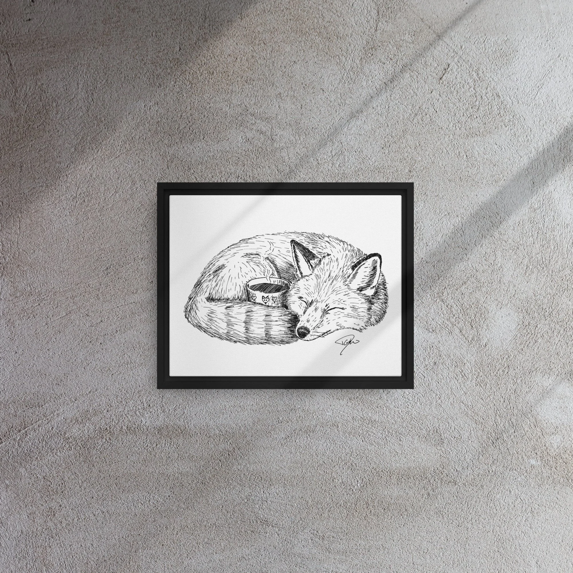 Framed Canvas, Fox Sleeping With Coffee Cup