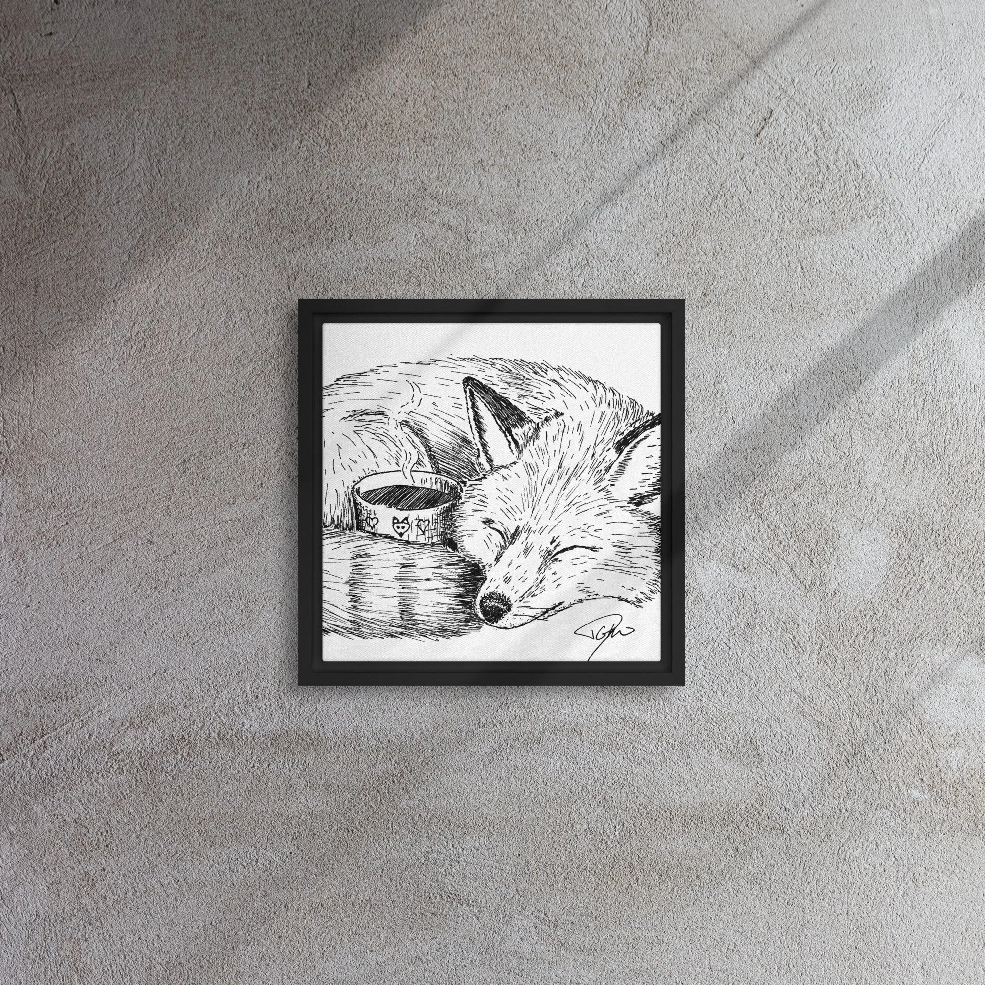 Framed Canvas, Fox Sleeping With Coffee Cup