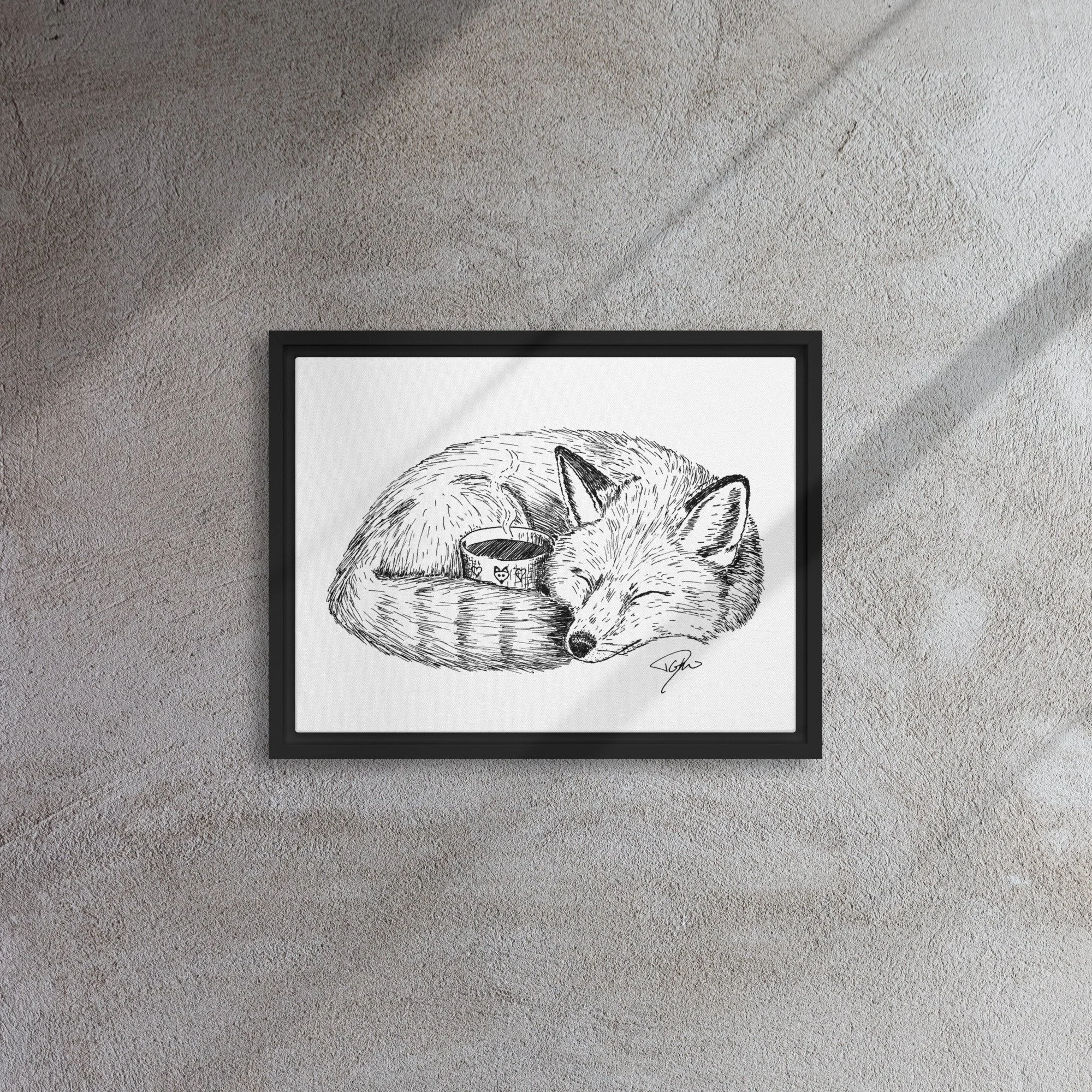 Framed Canvas, Fox Sleeping With Coffee Cup