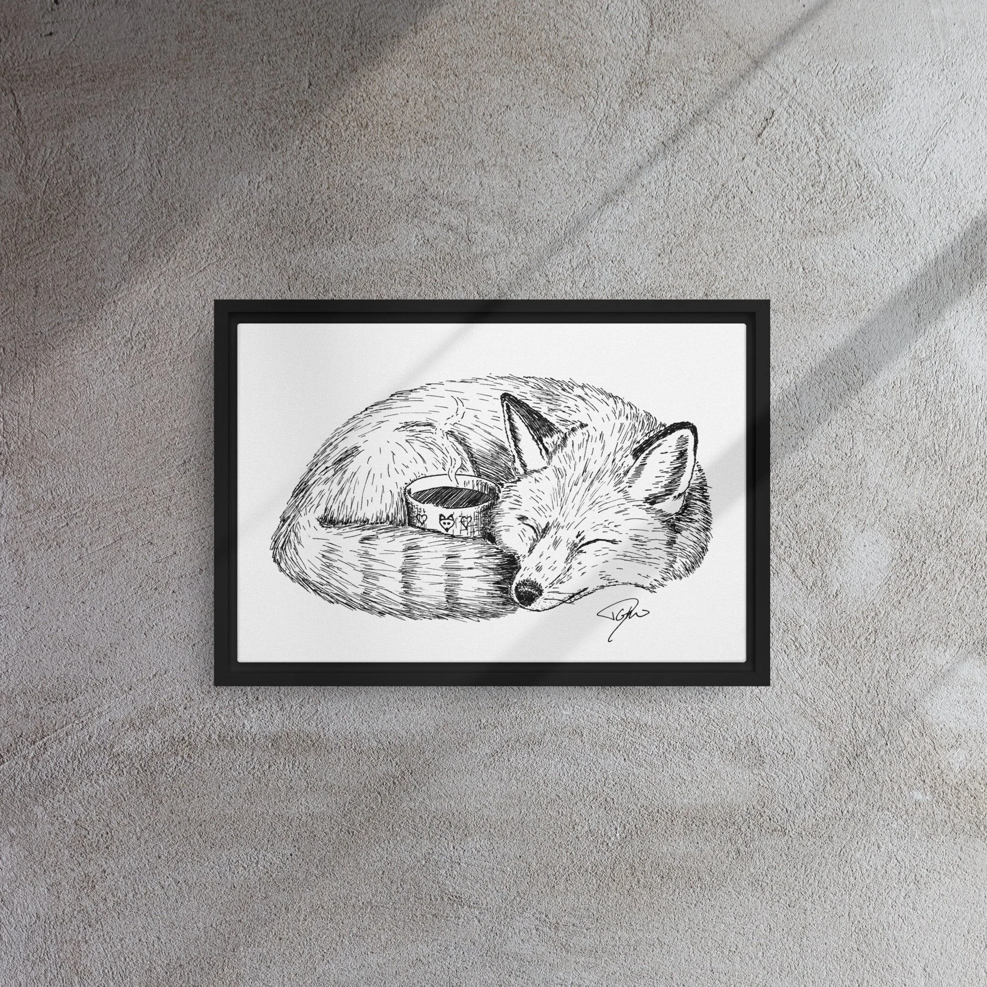 Framed Canvas, Fox Sleeping With Coffee Cup