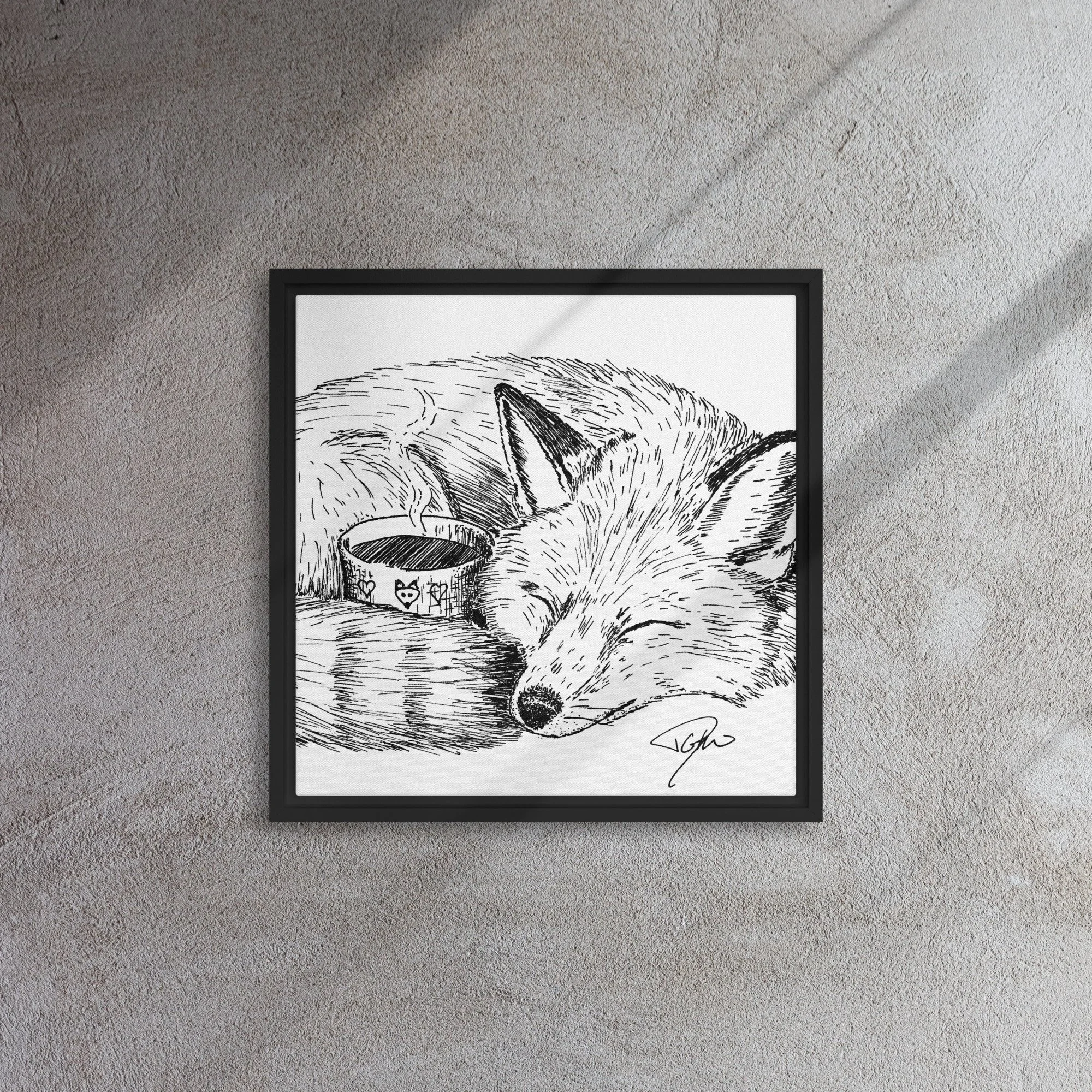 Framed Canvas, Fox Sleeping With Coffee Cup