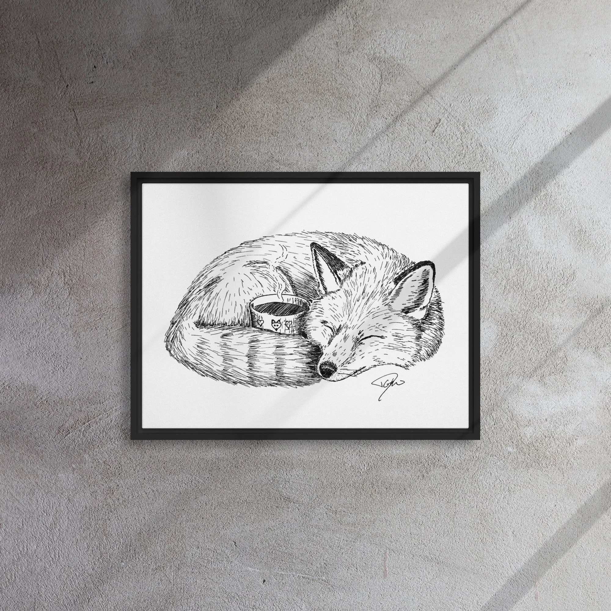 Framed Canvas, Fox Sleeping With Coffee Cup