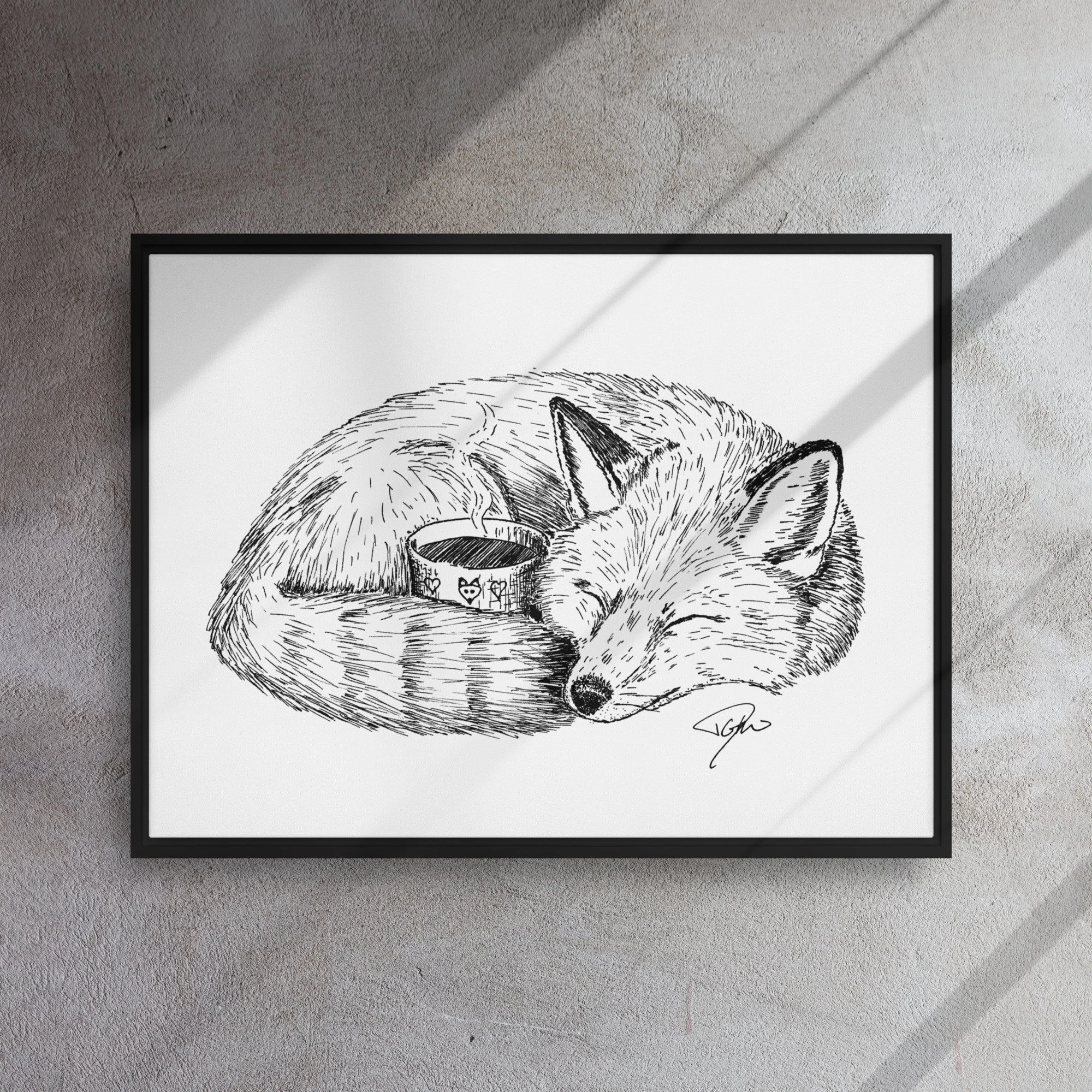 Framed Canvas, Fox Sleeping With Coffee Cup