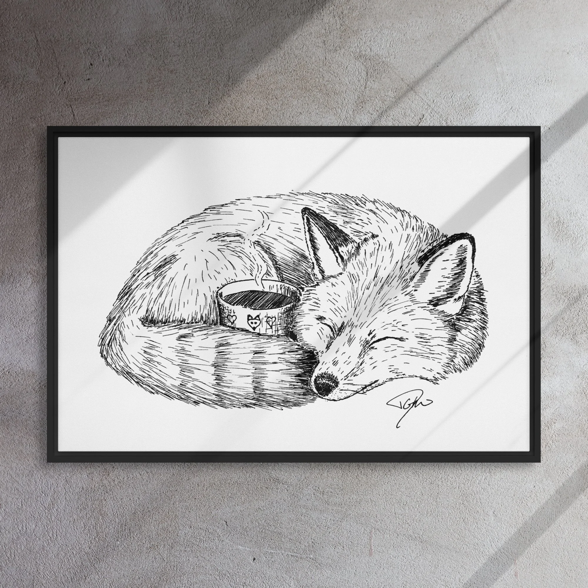 Framed Canvas, Fox Sleeping With Coffee Cup