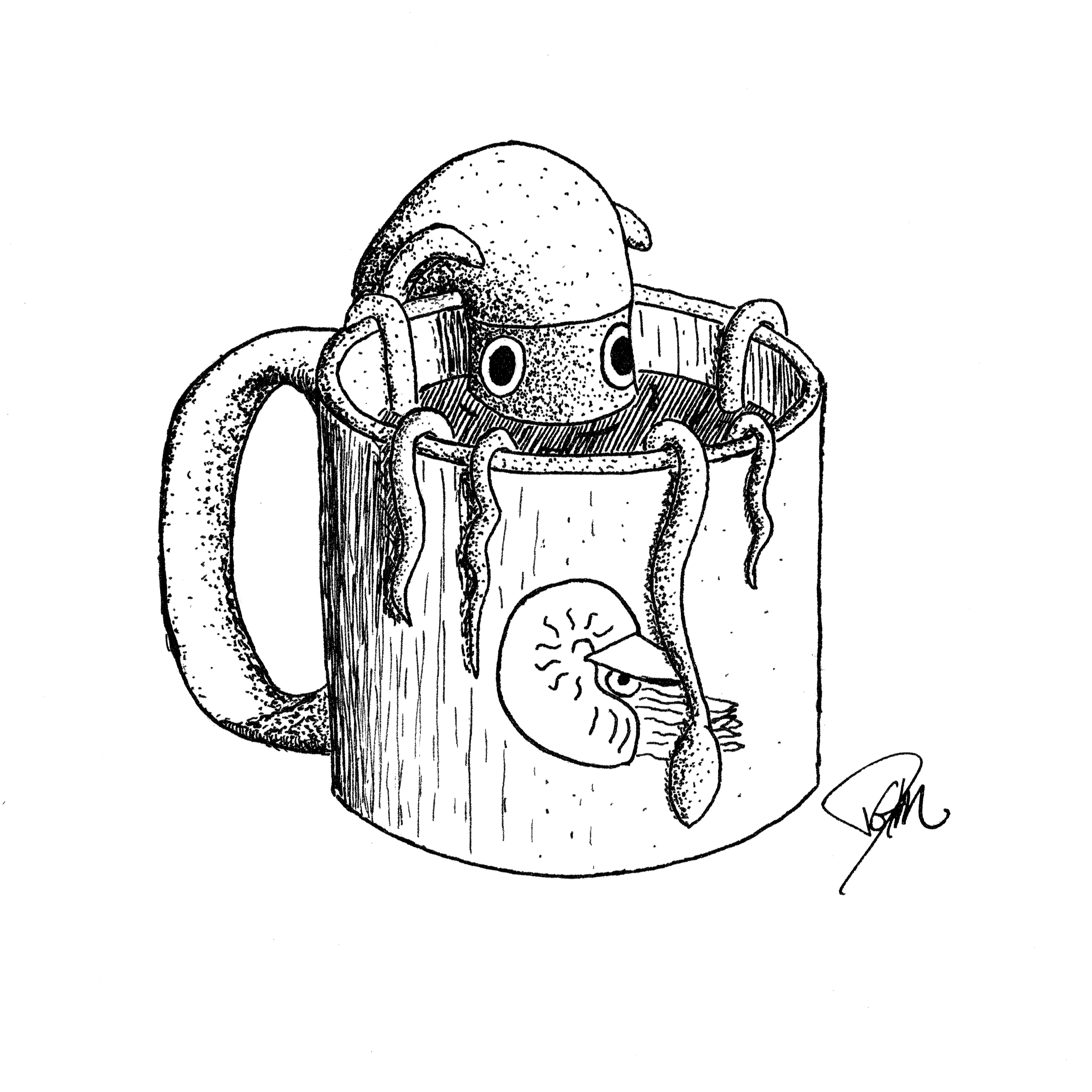 Drawing of a coffee mug with a squid illustration on it.