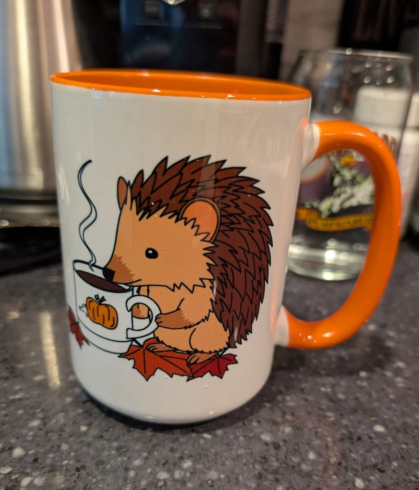 hedgehog drinking coffee, coffee mug