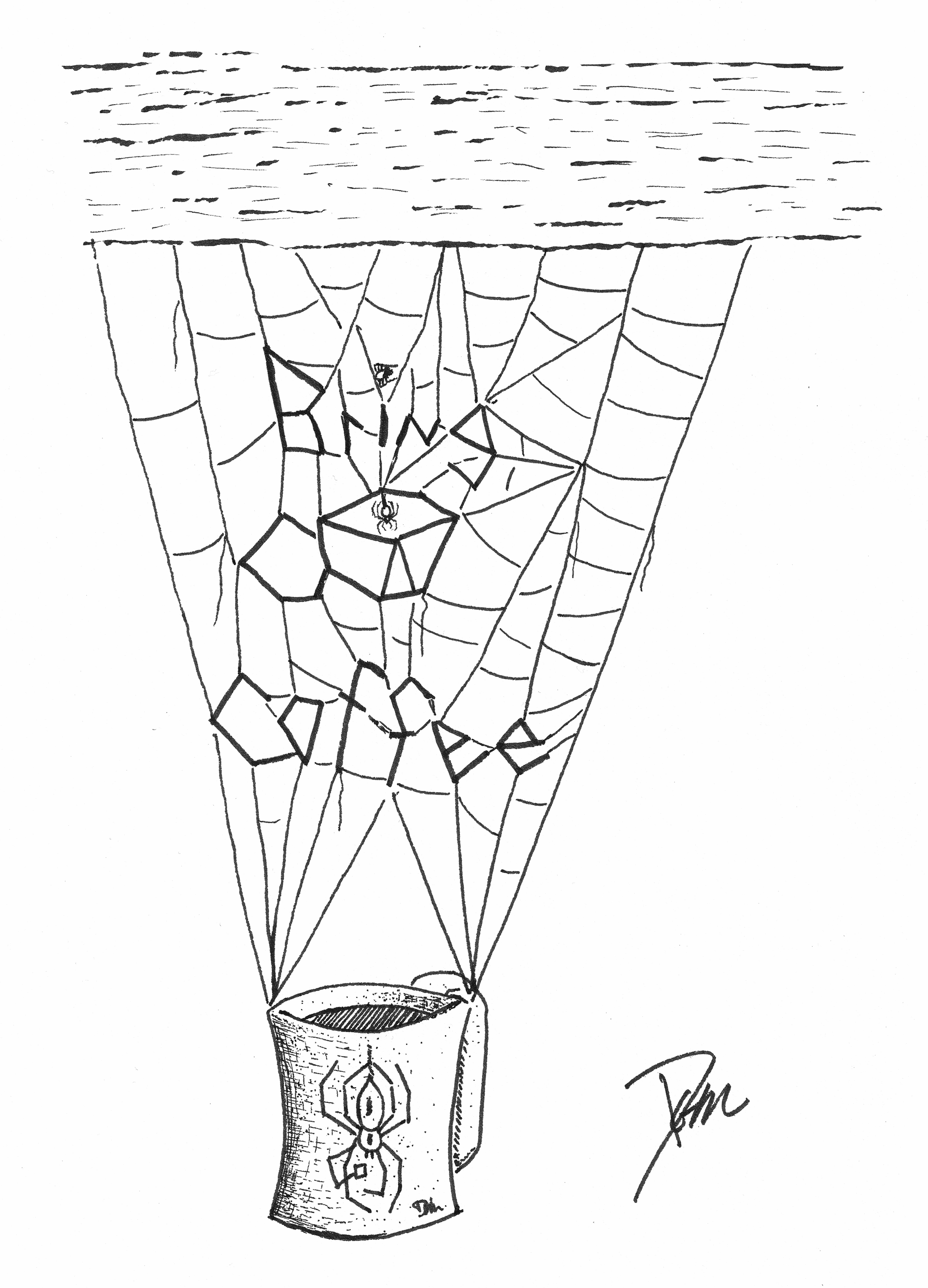 A drawing of a spider web hanging from the ceiling with a coffee mug beneath it. The web is intricate with various shapes and lines that spell out 'bring coffee' with a coffee cup in the center, and the coffee mug has a spider design on it.