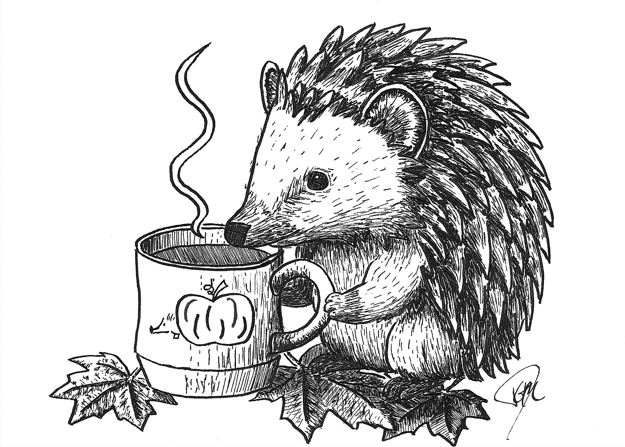Drawing of a hedgehog holding a steaming mug with a pumpkin illustration on it, sitting among fall leaves.