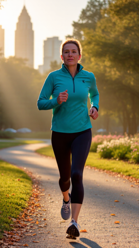 Woman running on a park trail during sunset in a city park with trees and flowers in the background.
