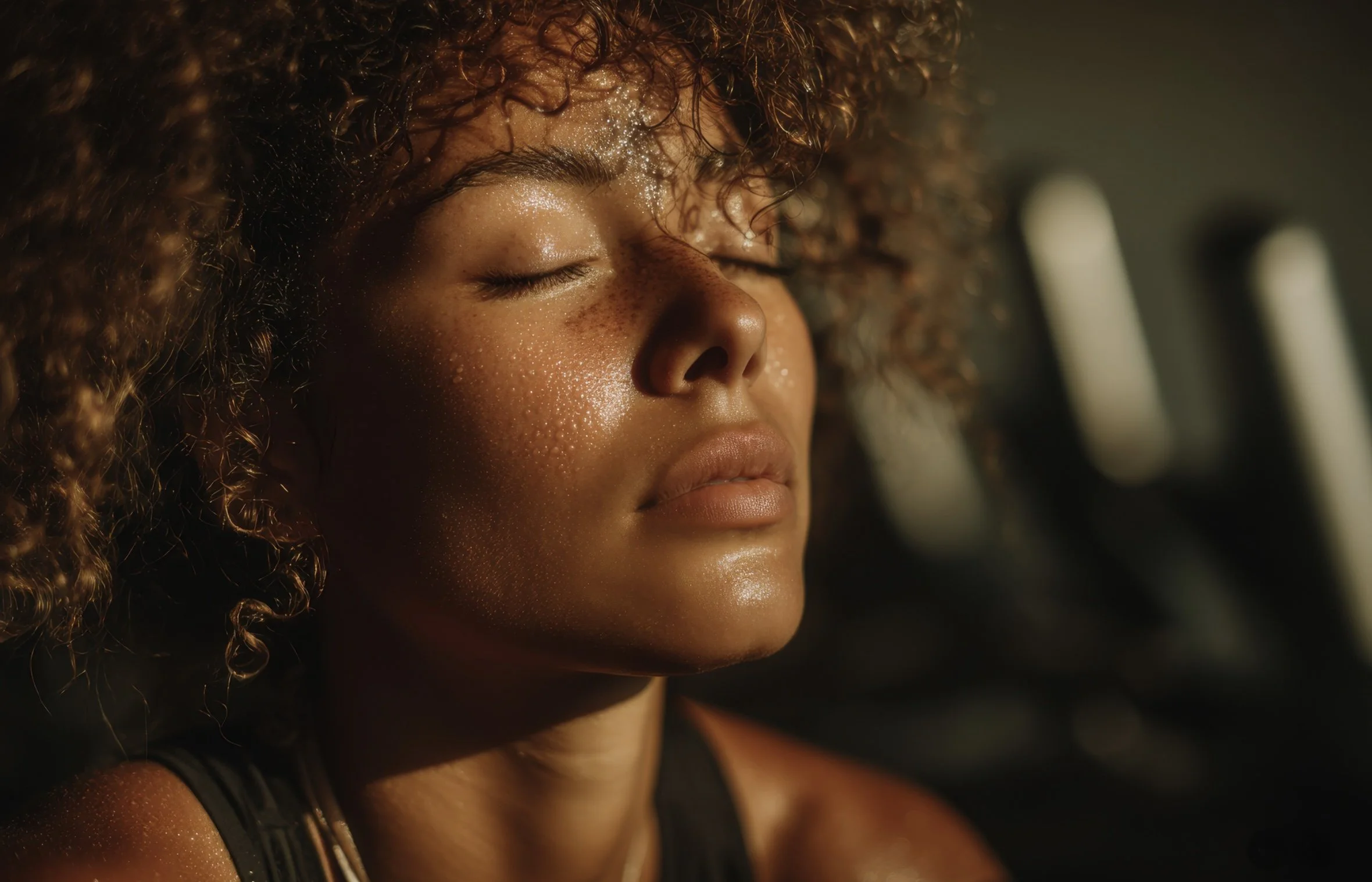 Close-up of a woman with curly hair and sweat on her face, eyes closed, appearing to be resting after exercise.