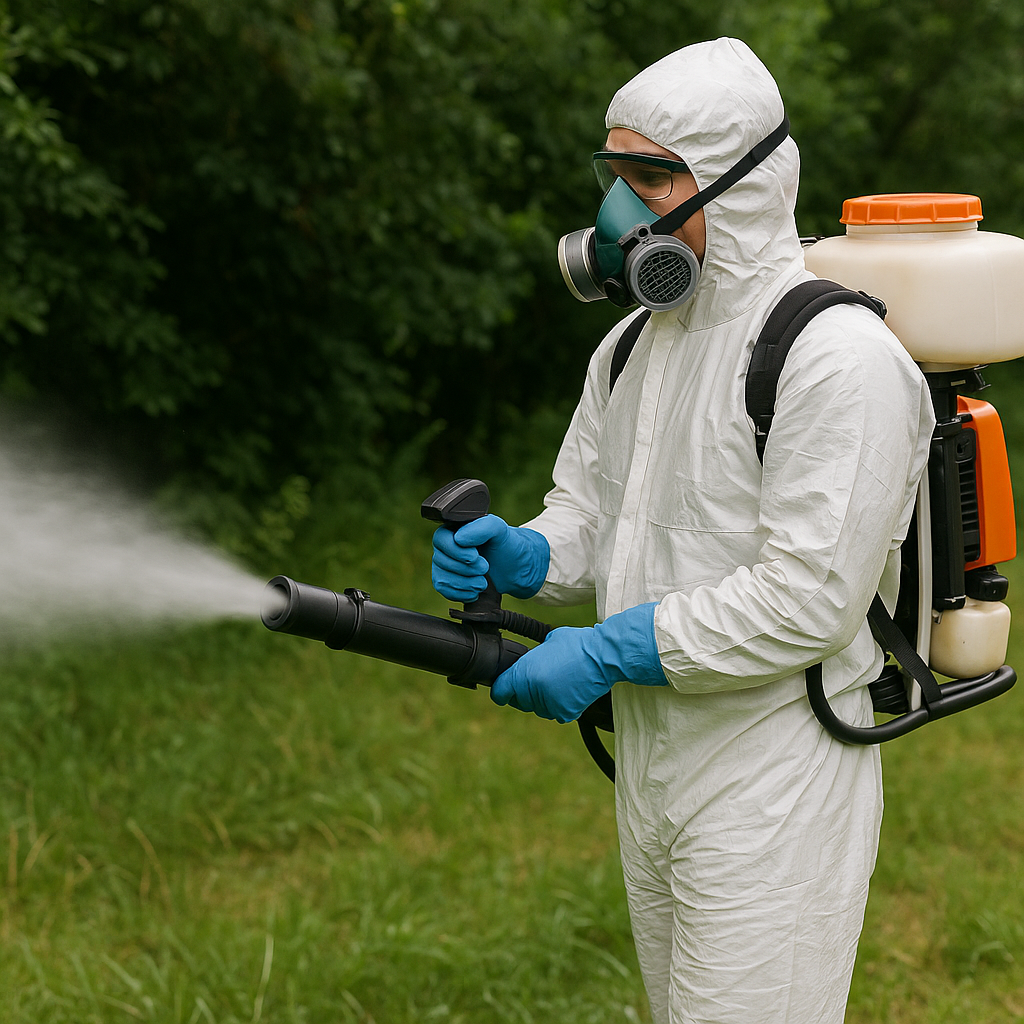 Workman's Pest Solutions technician wearing protective equipment and applying an outdoor mosquito and tick control treatment with a backpack misting sprayer in Worthington, Ohio.
