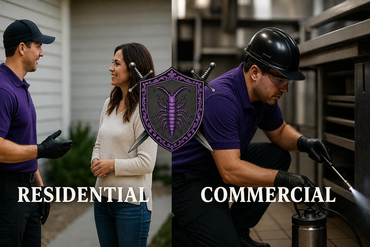 Workman's Pest Solutions technician providing residential and commercial pest control services, including home inspections and restaurant pest treatment.