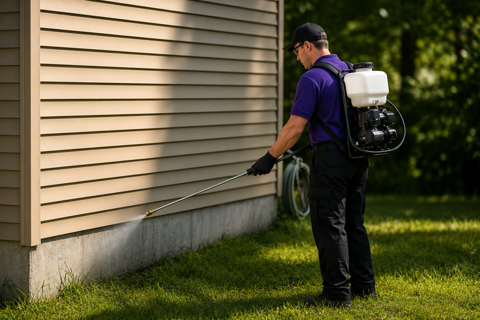 Workman's Pest Solutions technician applying a professional perimeter pest control treatment around a home's foundation to prevent ants, spiders, and other common household pests.