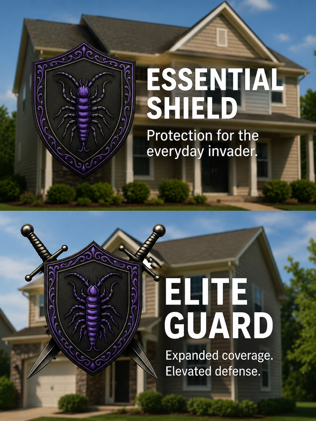 Comparison of Workman's Pest Solutions Essential Shield and Elite Guard residential pest control plans, highlighting standard and premium protection options for homeowners.