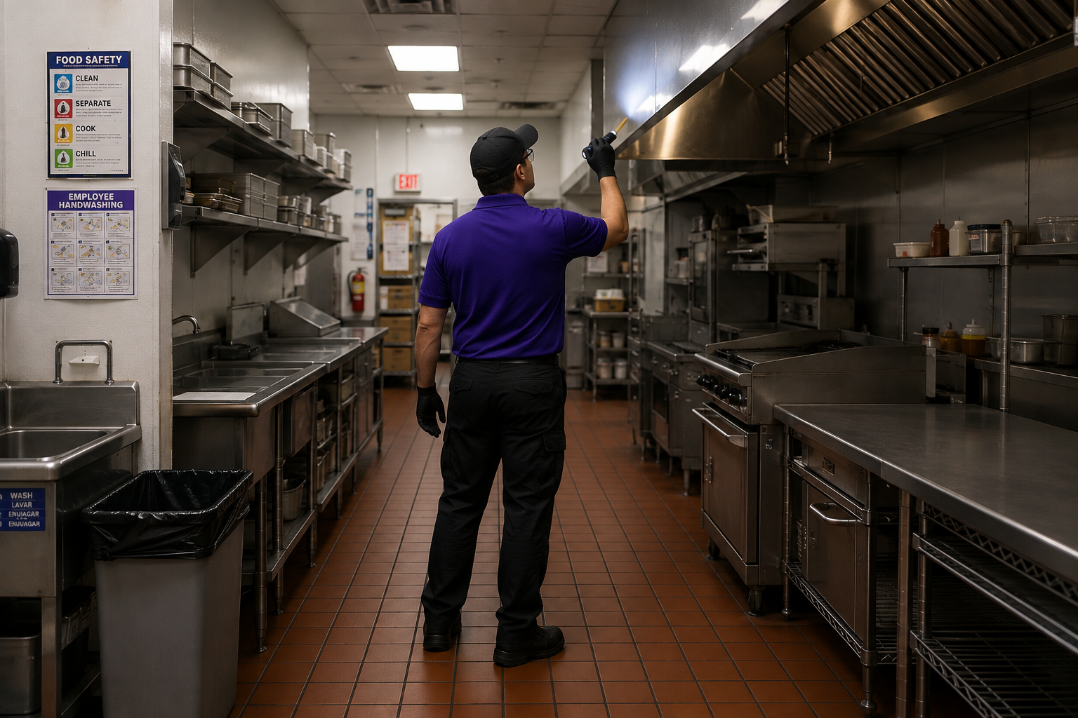 Workman's Pest Solutions technician performing commercial pest control in a restaurant kitchen in Columbus, Ohio.