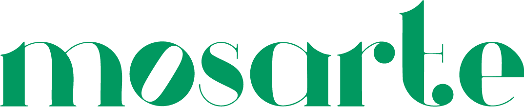 Close-up of a teal-colored sign displaying the word 'mosarte' in lowercase letters.