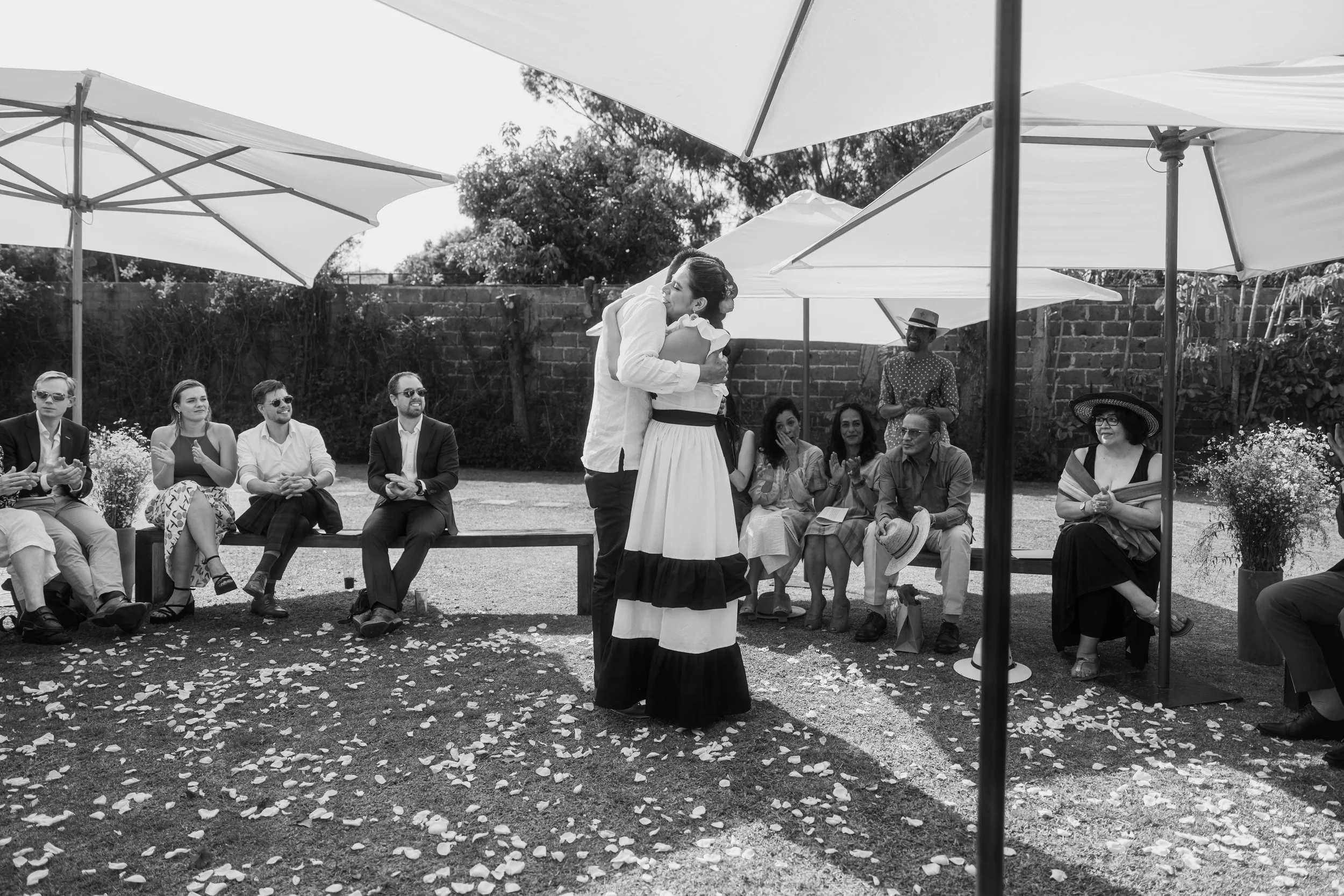 A black-and-white photo of a wedding ceremony outdoors with a couple embracing and kissing in the center. The guests are sitting on benches under large umbrellas, clapping and smiling, with some holding plants and hats. Flower petals are scattered on