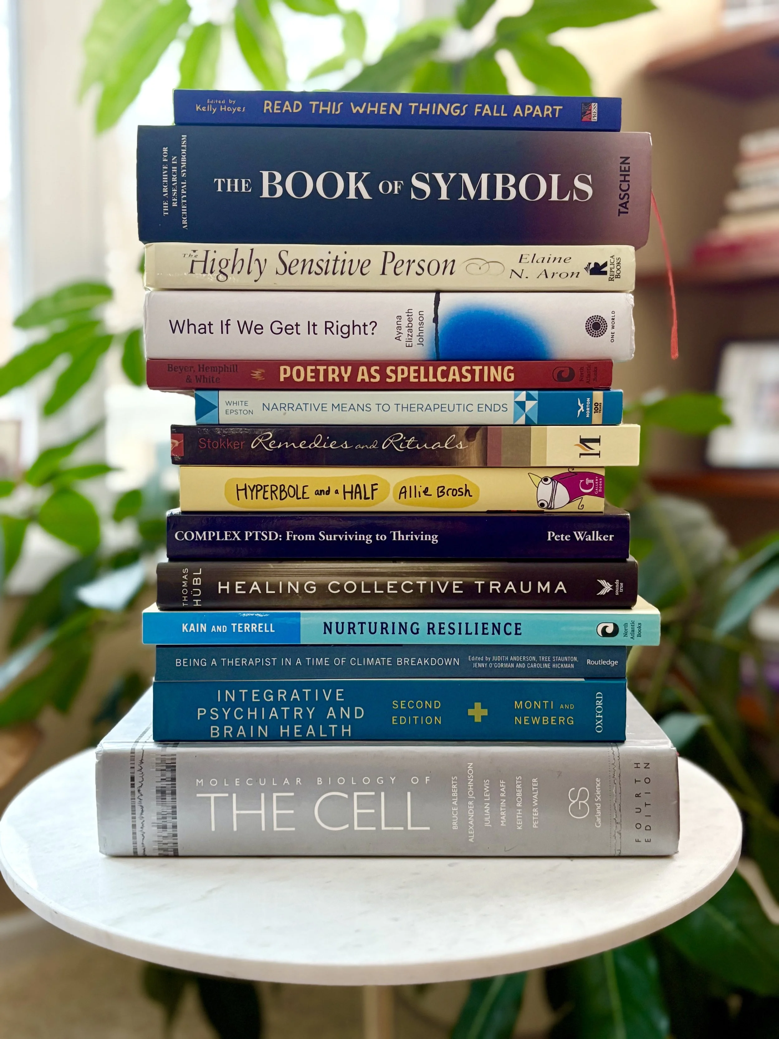 A stack of 14 books, including Poetry as Spellcasting, Healing Collective Trauma, and Molecular Biology of the Cell. They serve as a type of self-portrait representing the diverse interests and perspectives I bring to psychiatric practice.