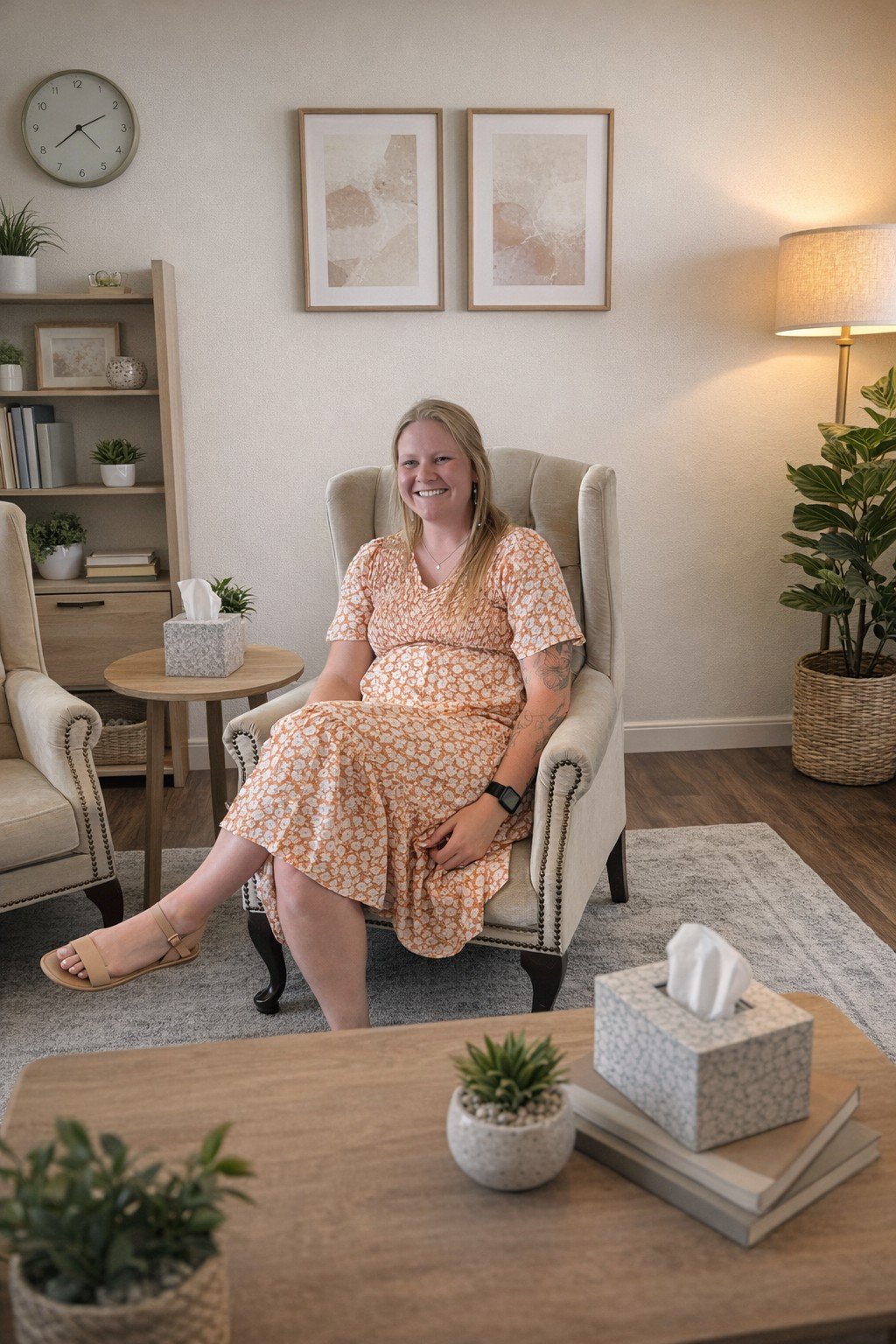 A pregnant woman sitting smiling in a beige armchair in a cozy living room with plants, books, framed art, and a wall clock.