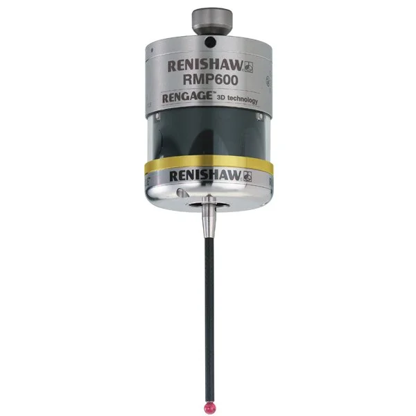 A surgical instrument called the Renishaw RMP600 with 3D technology, featuring a cylindrical metal body, a black cable with a pink tip, and branding labels.