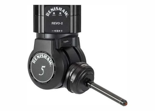 Close-up of a Renishaw Revo-2 probe with a contact rod attached, used for precision measurement.